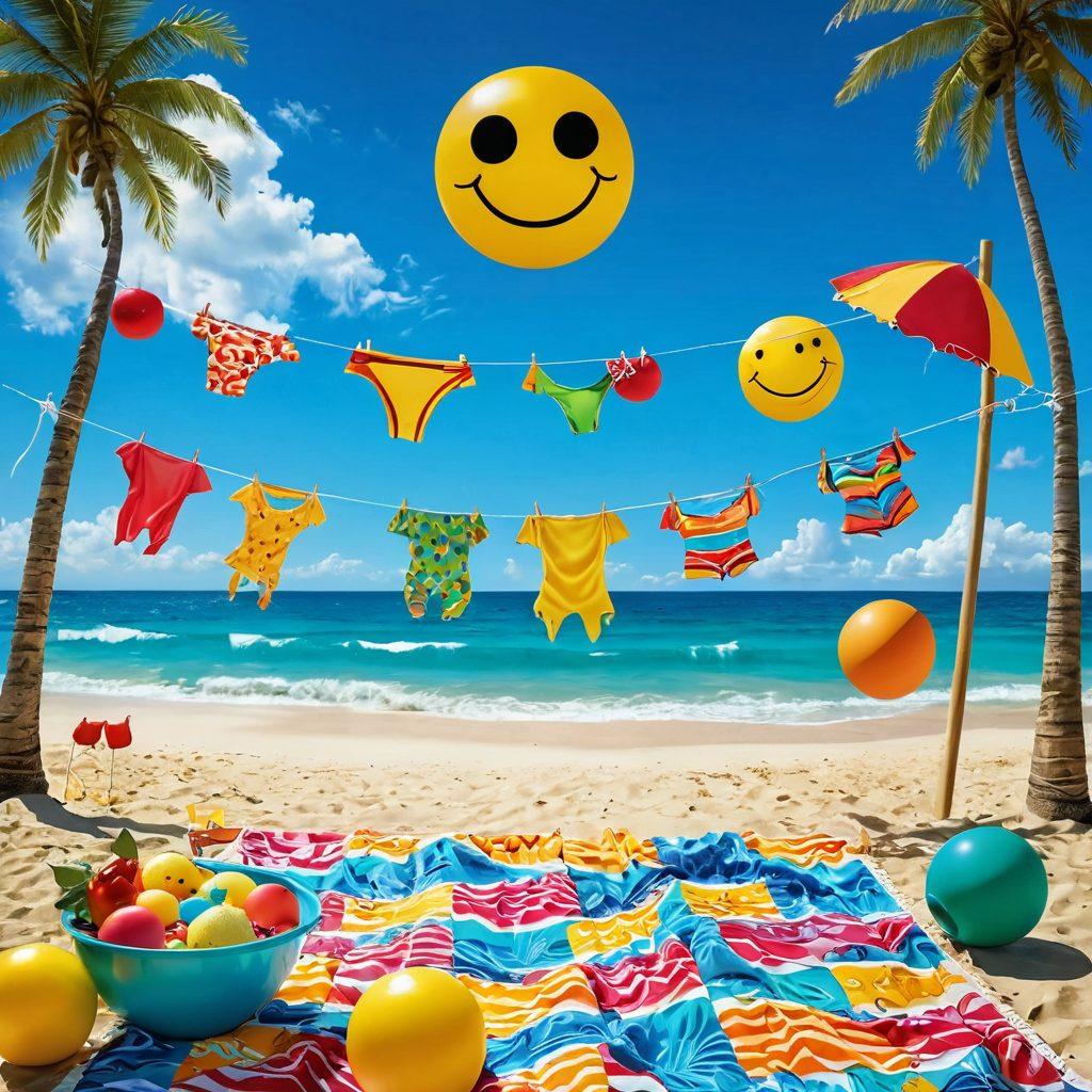 A whimsical beach scene featuring colorful bikinis hanging on a clothesline between two palm trees, with playful waves in the background. Incorporate humorous elements like smiley suns wearing sunglasses and comical beach balls. Add cartoonish characters laughing and sharing jokes around a picnic blanket filled with snacks. The sky is bright and sunny with a few fluffy clouds. vibrant colors. cartoon style.